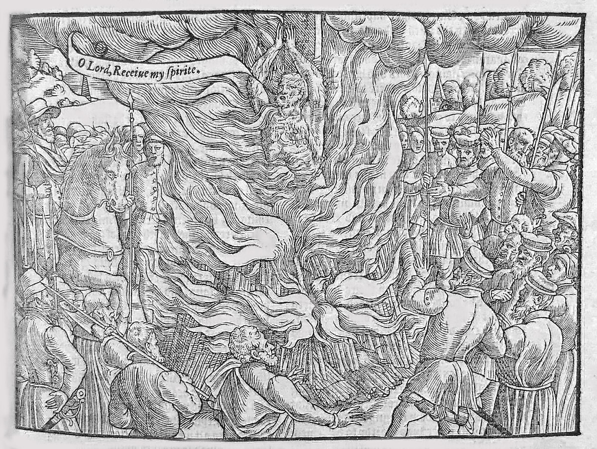 The woodcut is of Thomas Hawkes, a gentleman, the earl’s late servant, burned at Coggeshall on 10 June 1555. The earl did not himself condemn his man, but “wylling to cleare hys own handes”– like Pontius Pilate– passed him on to “the Bloody Bishop” William Bonner. Oxford wrote: “I haue sent you one Thomas haukes, dwelling in the Countie of Essex, who hath a child that hath remained vnchristined more thē three weekes, who beyng vppon the same examined, hath denyed to haue it Baptised, as it is now vsed in the Church: wherupon I haue sent him to your good Lordship to vse as ye thinke best” (Foxe, Book 11, 1797). Hawkes had been “loued of all the houshold, so long as Edward the sixt lyued.” Had he borne the viscount on his back? Is this how Edward learned that servants are disposable?
